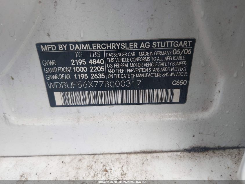 2007 Mercedes-Benz E 350 VIN: WDBUF56X77B000317 Lot: 43288478