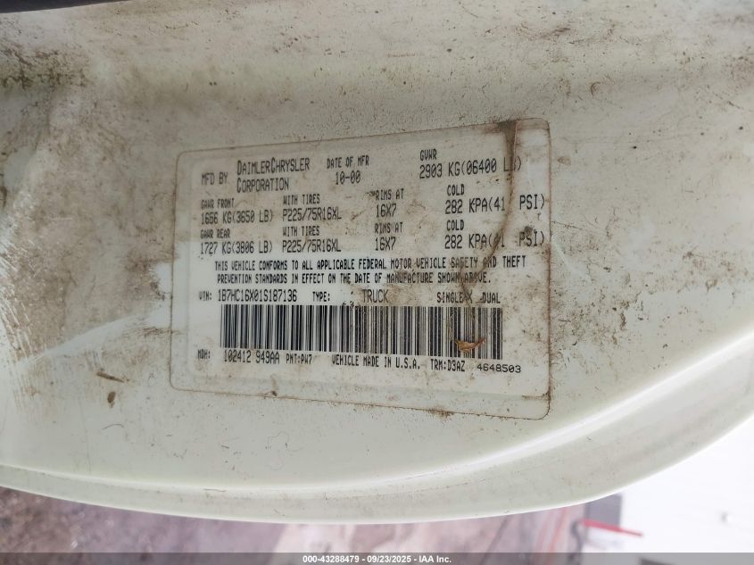 2001 Dodge Ram 1500 St/Ws VIN: 1B7HC16X01S187136 Lot: 43288479