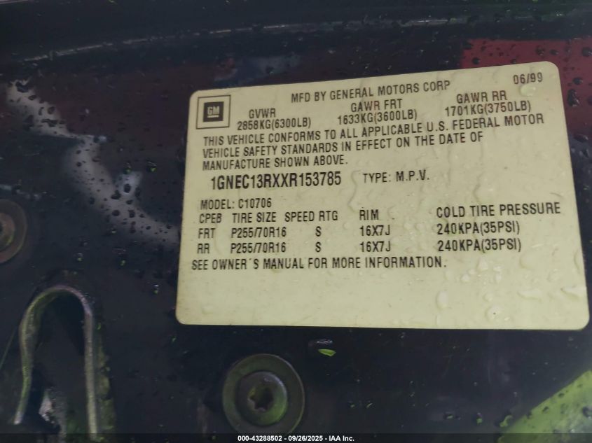 1999 Chevrolet Tahoe Lt VIN: 1GNEC13RXXR153785 Lot: 43288502
