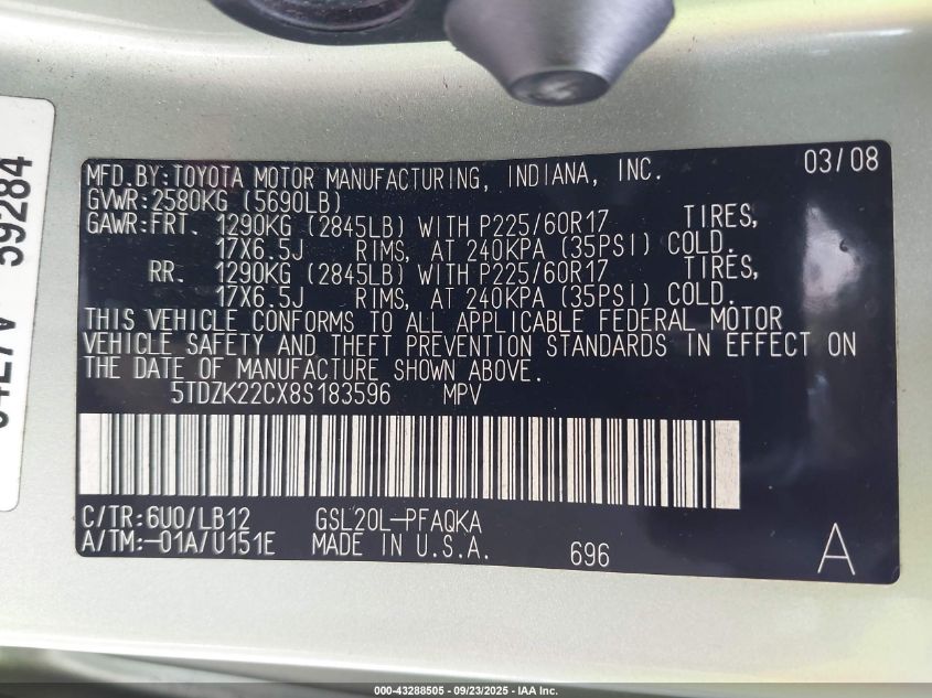 2008 Toyota Sienna Xle VIN: 5TDZK22CX8S183596 Lot: 43288505