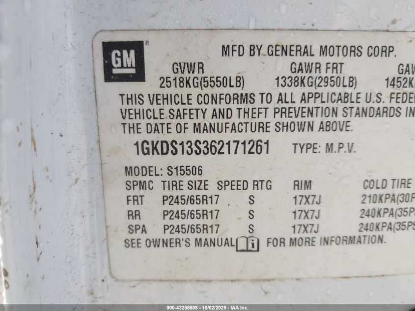 2006 GMC Envoy Sle VIN: 1GKDS13S362171261 Lot: 43288508