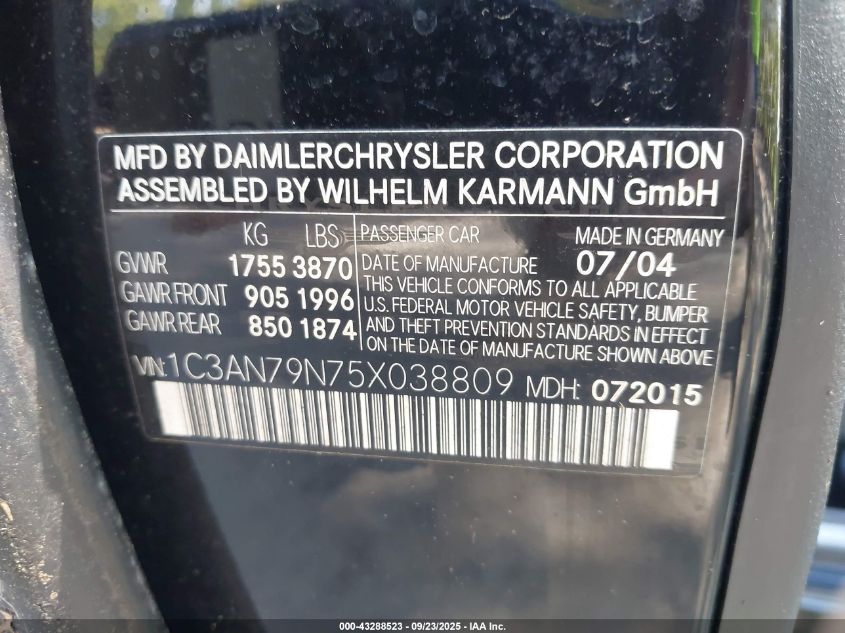 2005 Chrysler Crossfire Srt-6 VIN: 1C3AN79N75X038809 Lot: 43288523