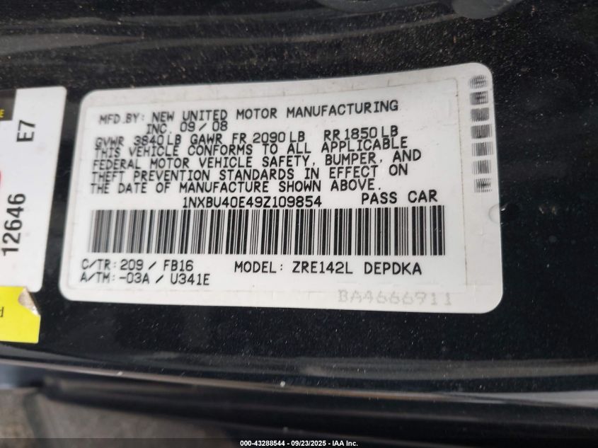 2009 Toyota Corolla Le VIN: 1NXBU40E49Z109854 Lot: 43288544