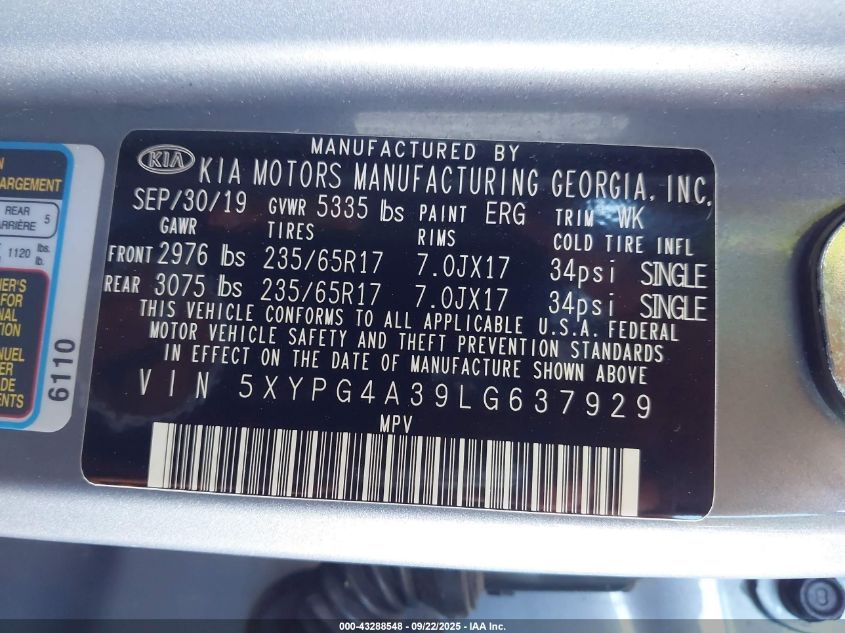 2020 Kia Sorento 2.4L Lx VIN: 5XYPG4A39LG637929 Lot: 43288548