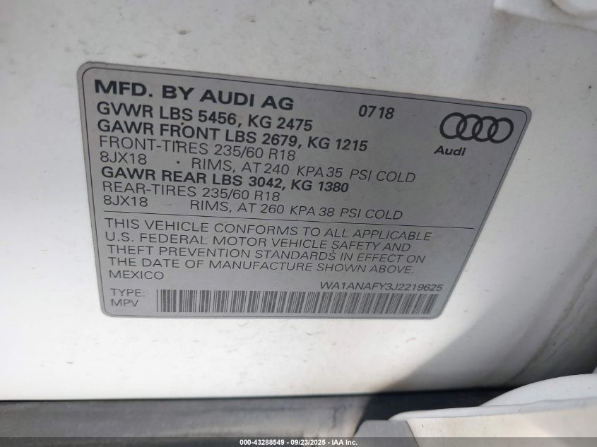 2018 Audi Q5 2.0T Premium VIN: WA1ANAFY3J2219625 Lot: 43288549