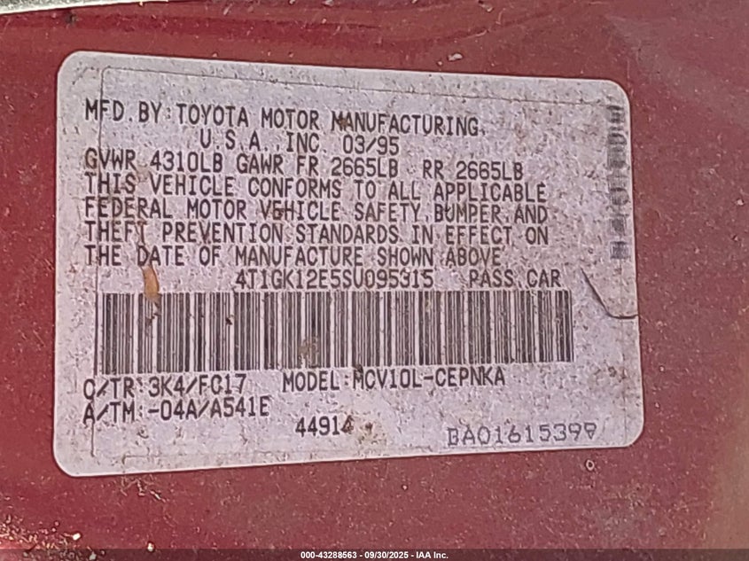 1995 Toyota Camry Le VIN: 4T1GK12E5SU095315 Lot: 43288563