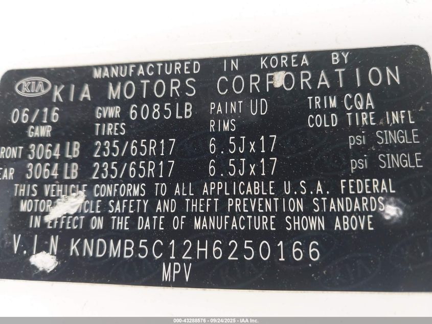 2017 Kia Sedona Lx VIN: KNDMB5C12H6250166 Lot: 43288576