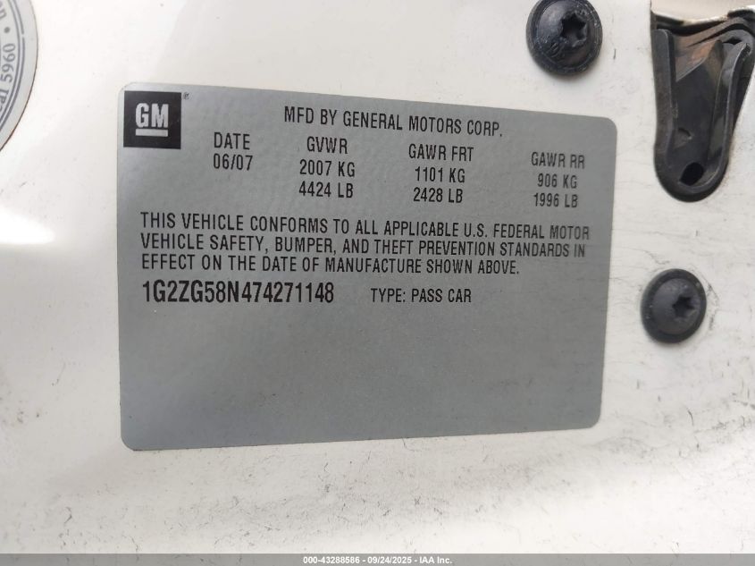 2007 Pontiac G6 VIN: 1G2ZG58N474271148 Lot: 43288586