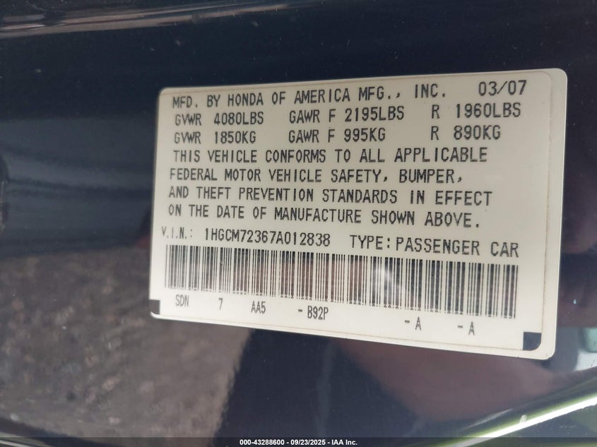 1HGCM72367A012838 2007 HONDA ACCORD photo no. 9