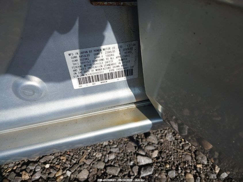 2005 Honda Accord Hybrid Ima VIN: JHMCN36425C002511 Lot: 43288601