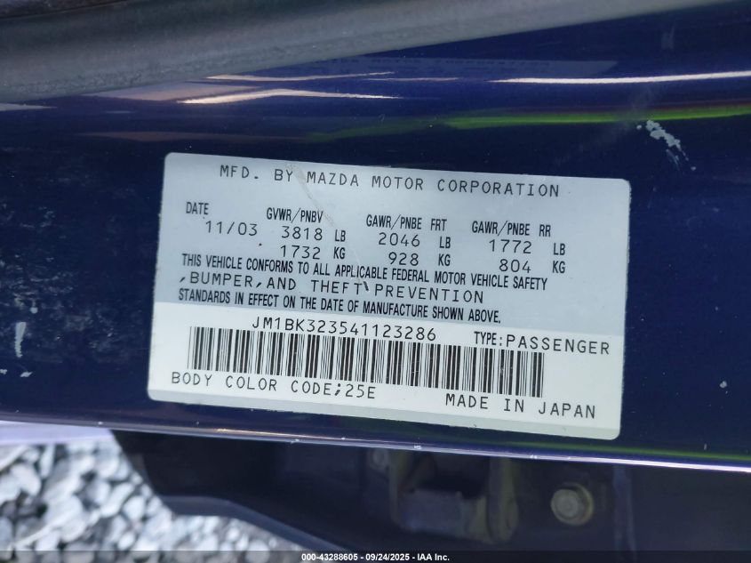 2004 Mazda Mazda3 S VIN: JM1BK323541123286 Lot: 43288605