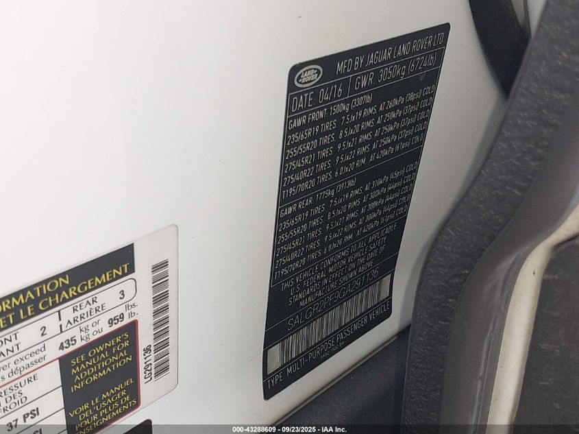 2016 Land Rover Range Rover 3.0L V6 Supercharged VIN: SALGR2PF9GA291136 Lot: 43288609