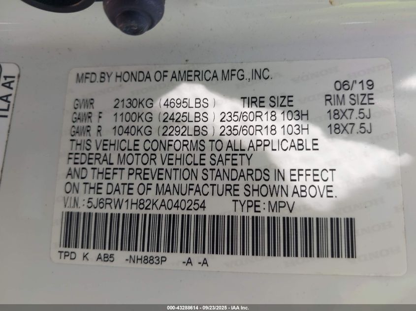 2019 Honda Cr-V Ex-L VIN: 5J6RW1H82KA040254 Lot: 43288614