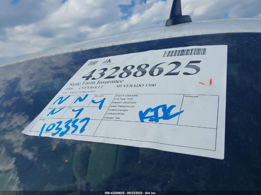 2008 Chevrolet Silverado 1500 Lt1 VIN: 2GCEC19J281141893 Lot: 43288625