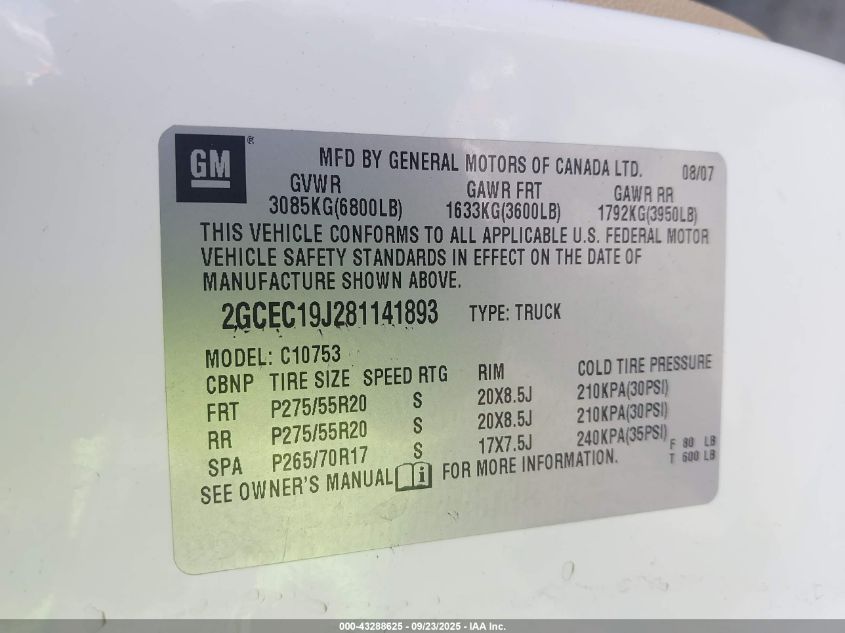 2008 Chevrolet Silverado 1500 Lt1 VIN: 2GCEC19J281141893 Lot: 43288625