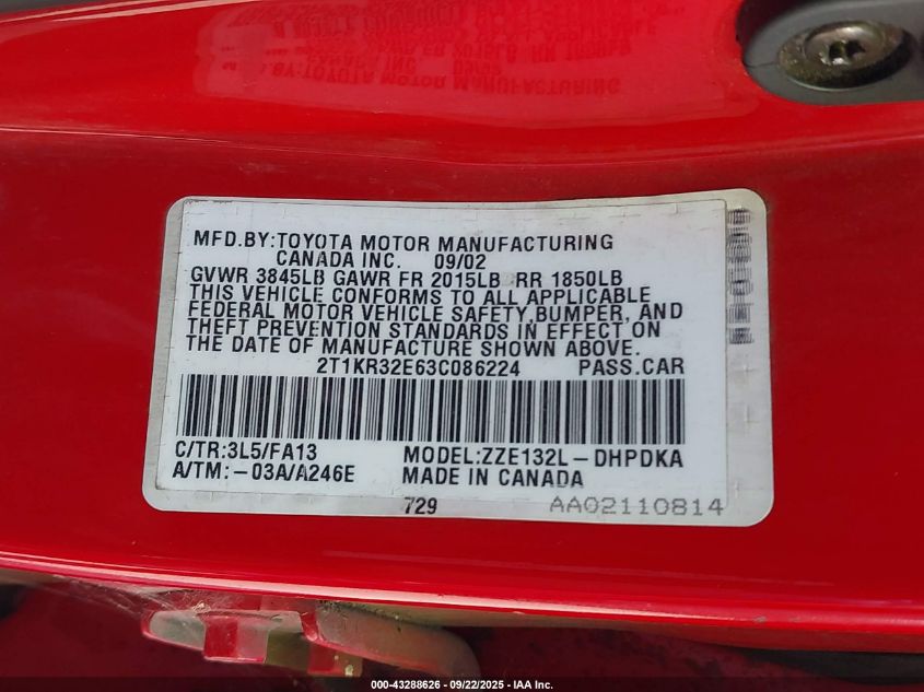 2003 Toyota Matrix Standard VIN: 2T1KR32E63C086224 Lot: 43288626