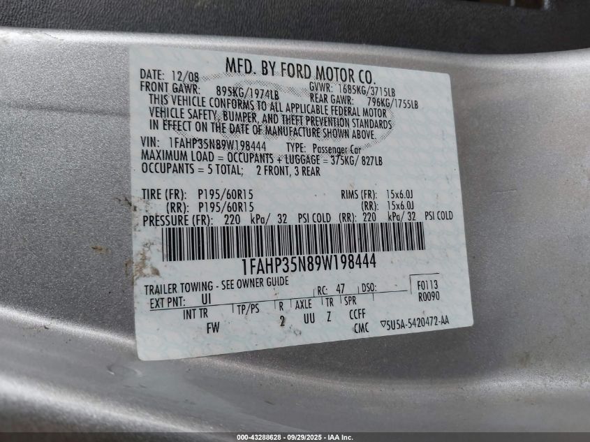 2009 Ford Focus Se VIN: 1FAHP35N89W198444 Lot: 43288628