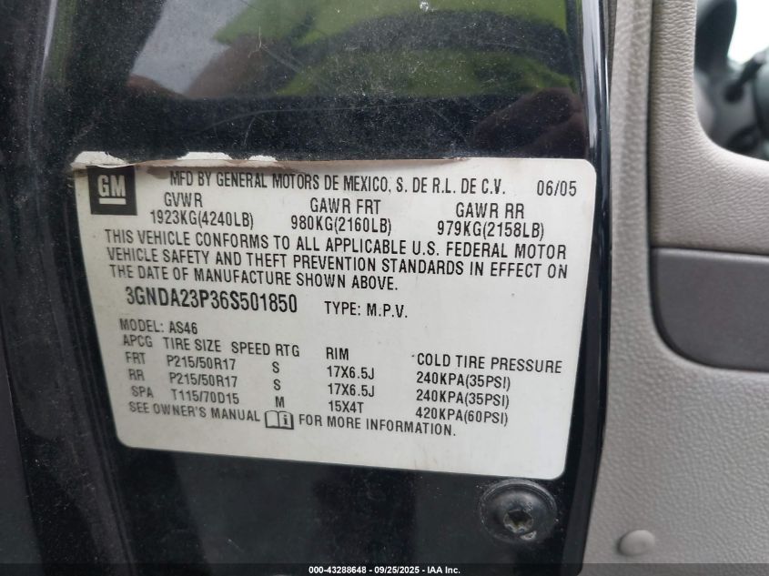 2006 Chevrolet Hhr Lt VIN: 3GNDA23P36S501850 Lot: 43288648