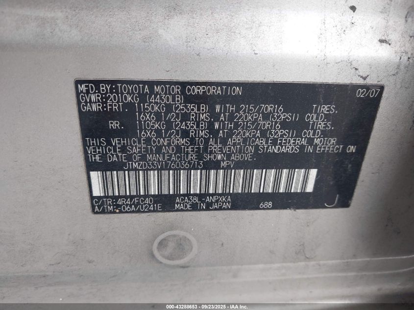 2007 Toyota Rav4 VIN: JTMZD33V176036713 Lot: 43288653