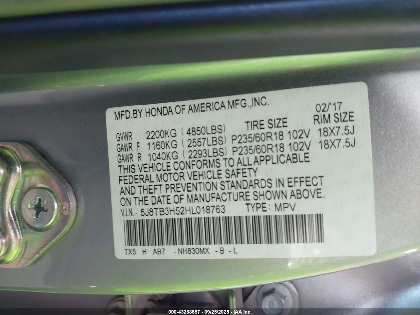 2017 Acura Rdx Technology Acurawatch Plus Packages/W/Technology Package VIN: 5J8TB3H52HL018763 Lot: 43288657