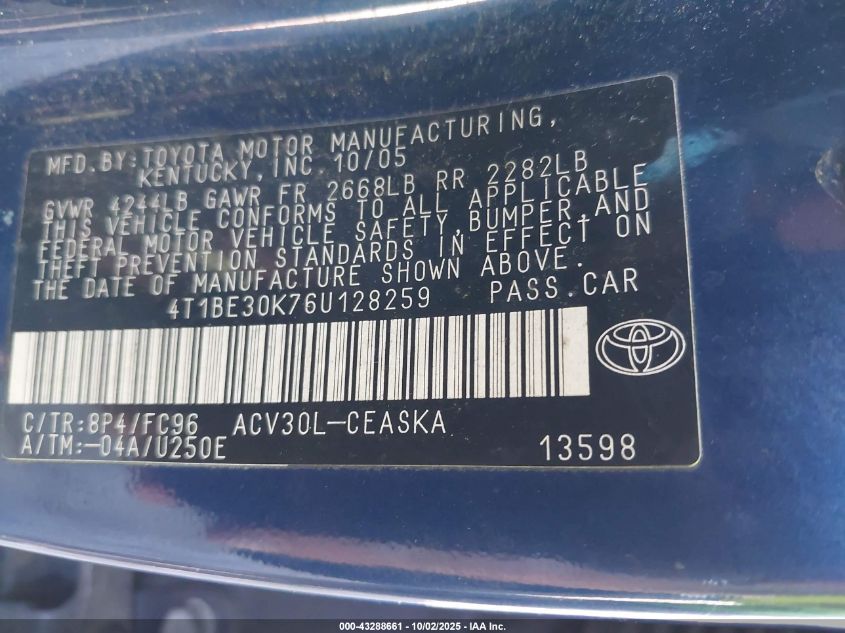 2006 Toyota Camry Se VIN: 4T1BE30K76U128259 Lot: 43288661