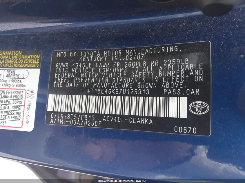 2007 Toyota Camry Le VIN: 4T1BE46K97U125913 Lot: 43288668
