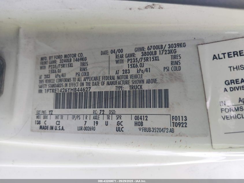 2000 Ford E-150 Commercial/Recreational VIN: 1FTRE1426YHB44627 Lot: 43288671