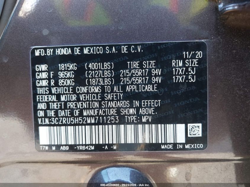 2021 Honda Hr-V 2Wd Ex VIN: 3CZRU5H52MM711253 Lot: 43288680