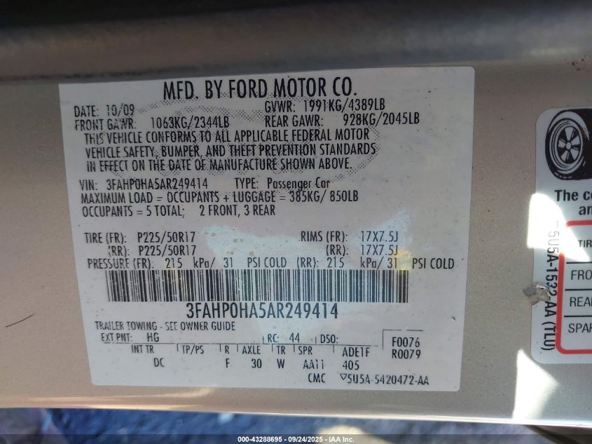 2010 Ford Fusion Se VIN: 3FAHP0HA5AR249414 Lot: 43288695