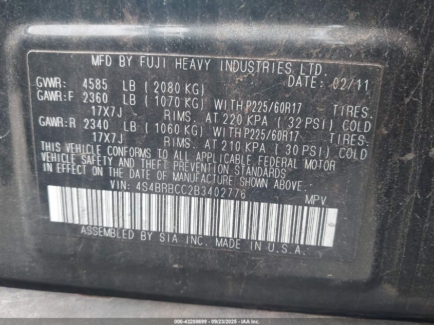 2011 Subaru Outback 2.5I Premium VIN: 4S4BRBCC2B3402776 Lot: 43288699