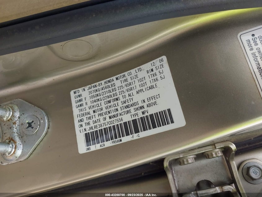 2007 Honda Cr-V Ex-L VIN: JHLRE38757C027556 Lot: 43288700