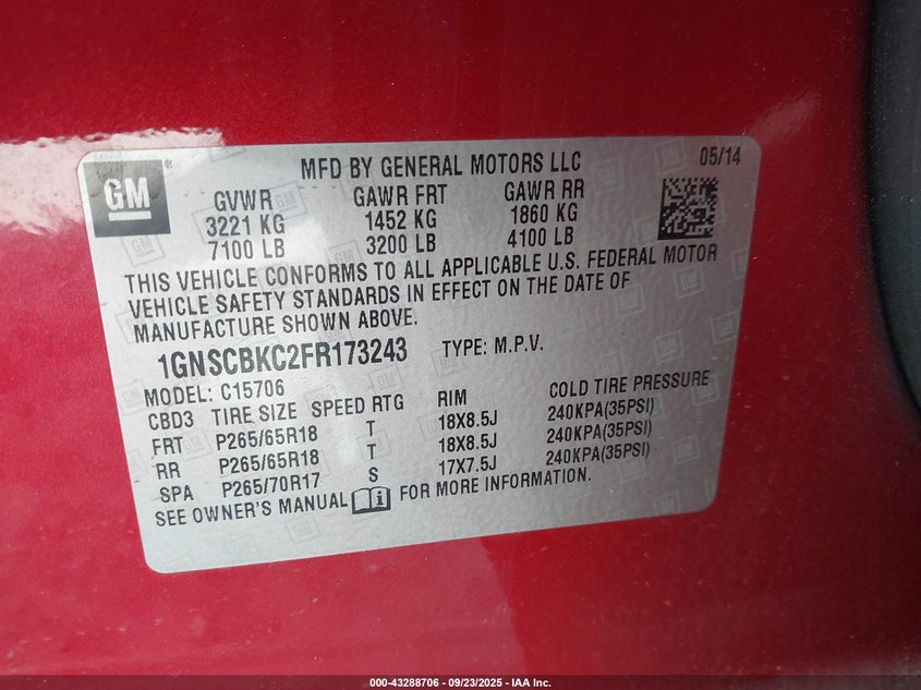 2015 CHEVROLET TAHOE LT - 1GNSCBKC2FR173243