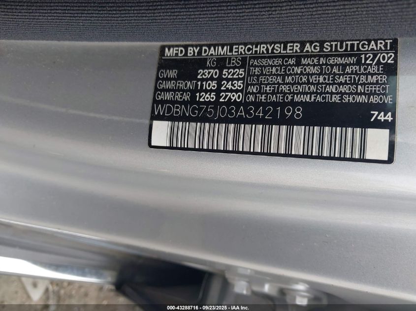 2003 Mercedes-Benz S 500 VIN: WDBNG75J03A342198 Lot: 43288716