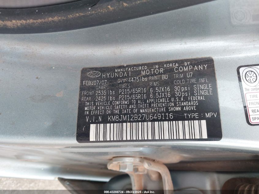 2007 Hyundai Tucson Gls VIN: KM8JM12B27U649116 Lot: 43288724