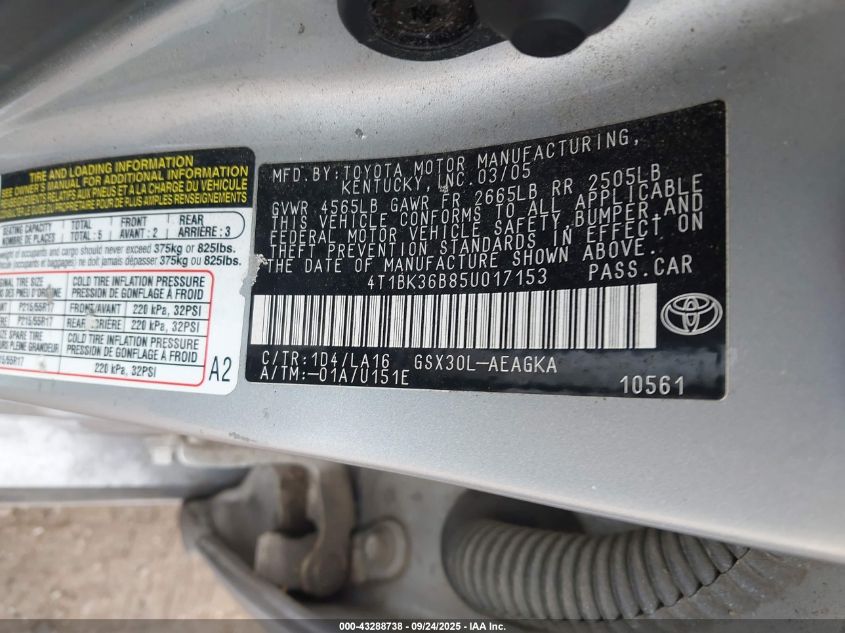 2005 Toyota Avalon Xls VIN: 4T1BK36B85U017153 Lot: 43288738