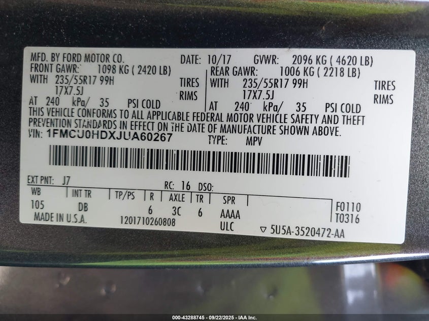 2018 FORD ESCAPE SEL 1FMCU0HDXJUA60267