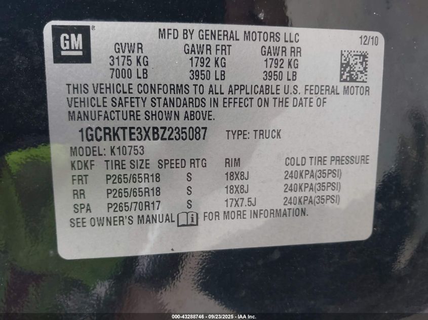 2011 Chevrolet Silverado 1500 Ltz VIN: 1GCRKTE3XBZ235087 Lot: 43288746