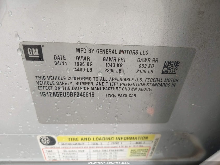 2011 Chevrolet Malibu Ls VIN: 1G1ZA5EU9BF346618 Lot: 43288747