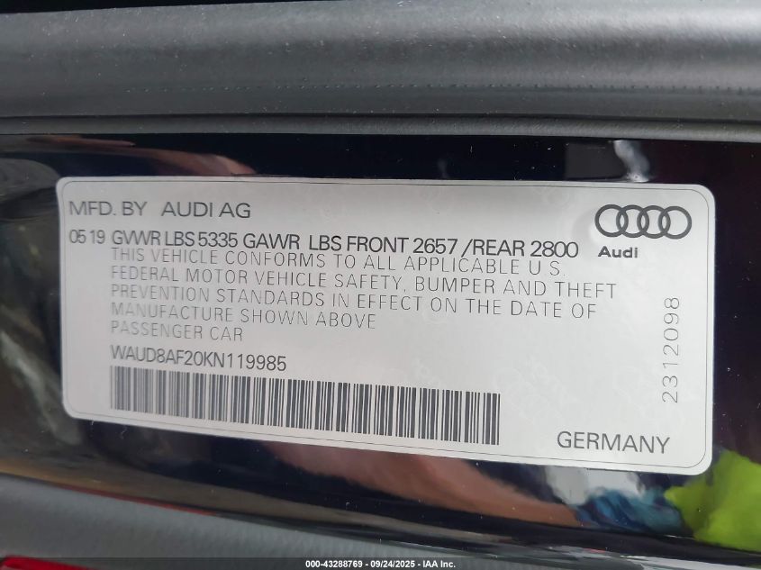 2019 Audi A6 45 Premium VIN: WAUD8AF20KN119985 Lot: 43288769