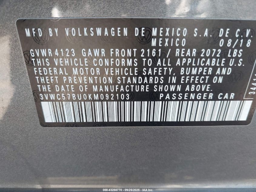 2019 Volkswagen Jetta 1.4T R-Line/1.4T S/1.4T Se VIN: 3VWC57BU0KM092103 Lot: 43288770