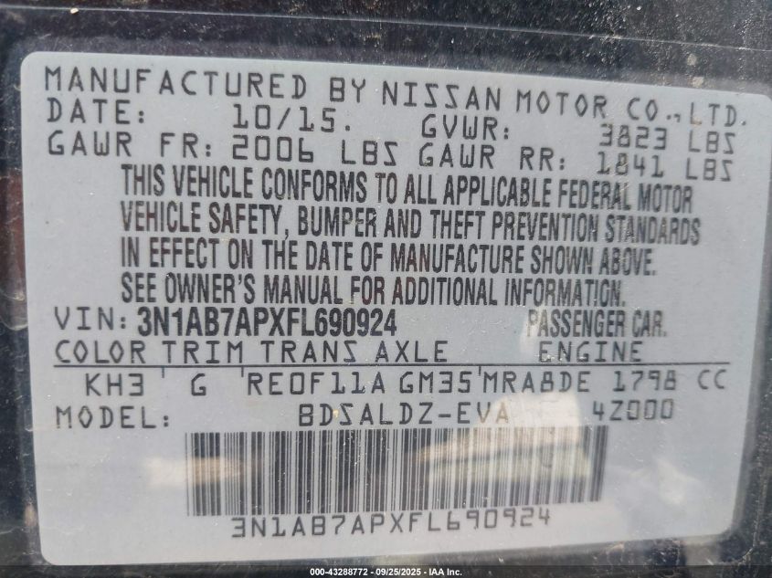 2015 Nissan Sentra Sv VIN: 3N1AB7APXFL690924 Lot: 43288772