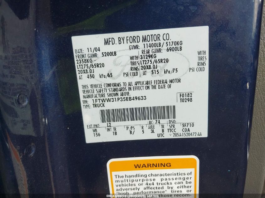 2005 Ford F-350 Lariat/Xl/Xlt VIN: 1FTWW31P35EB49633 Lot: 43288775