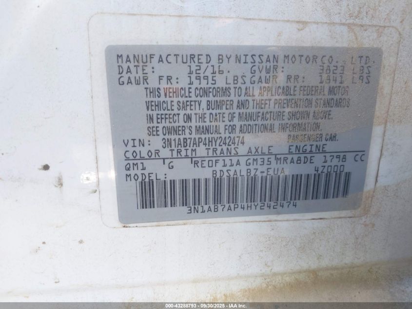 2017 Nissan Sentra S VIN: 3N1AB7AP4HY242474 Lot: 43288793