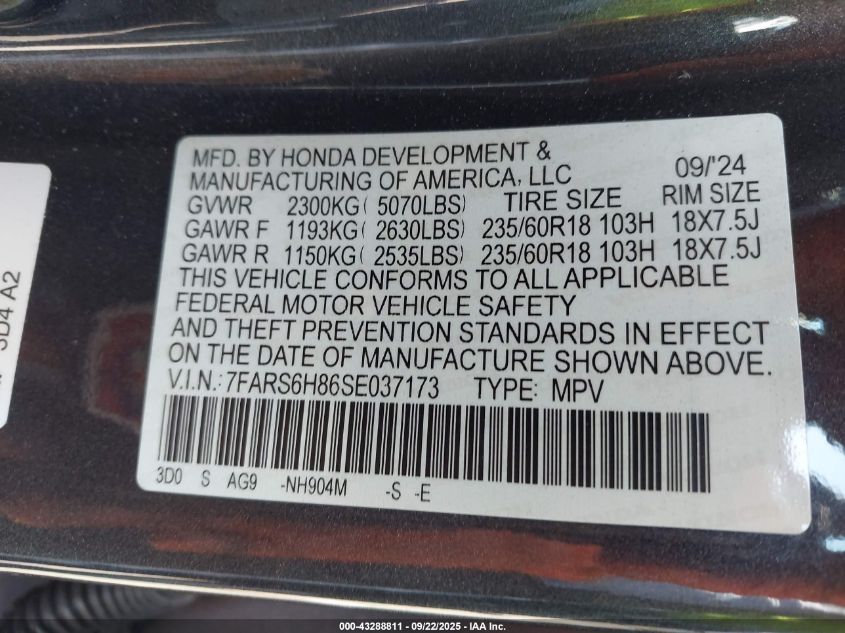 2025 Honda Cr-V Hybrid Sport-L VIN: 7FARS6H86SE037173 Lot: 43288811