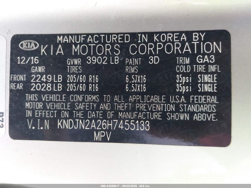 2017 Kia Soul VIN: KNDJN2A26H7455133 Lot: 43288817