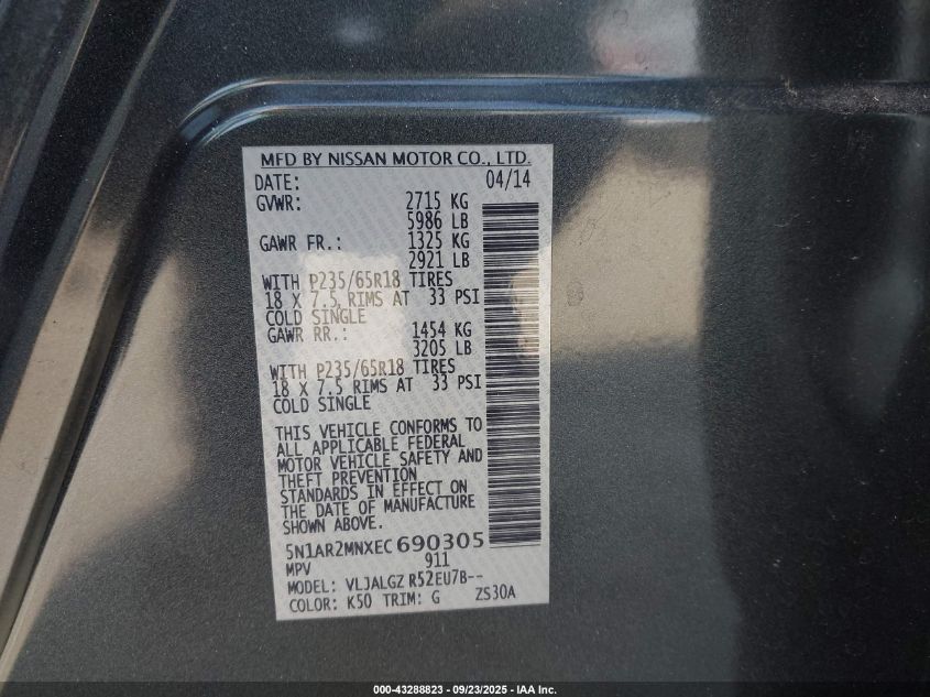 2014 Nissan Pathfinder Sl VIN: 5N1AR2MNXEC690305 Lot: 43288823