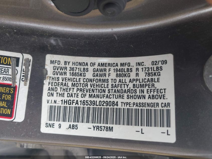 2009 Honda Civic Lx VIN: 1HGFA16539L029084 Lot: 43288825