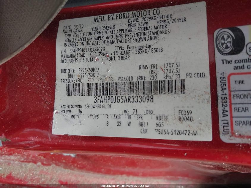 2010 Ford Fusion Sel VIN: 3FAHP0JG5AR333098 Lot: 43288831