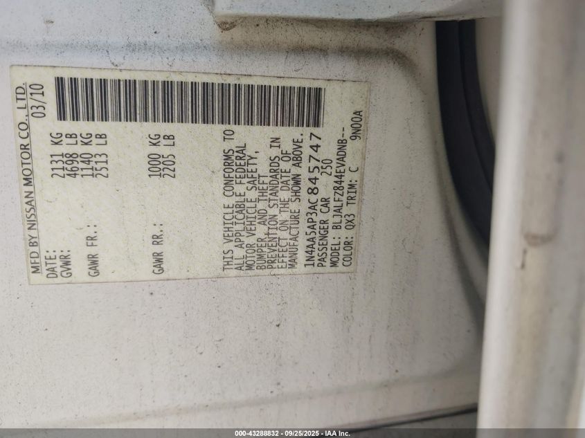 2010 Nissan Maxima 3.5 Sv VIN: 1N4AA5AP3AC845747 Lot: 43288832