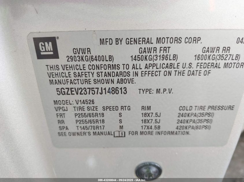 2007 Saturn Outlook Xr VIN: 5GZEV23757J148613 Lot: 43288844